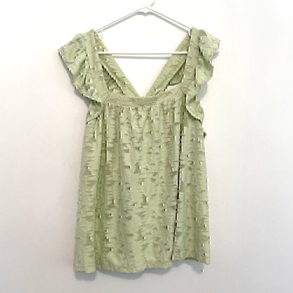 LC LAUREN CONRAD Ruffle Sleeve Cross Back Top Pastel Green Floral Jacquard Tank - Picture 2 of 12